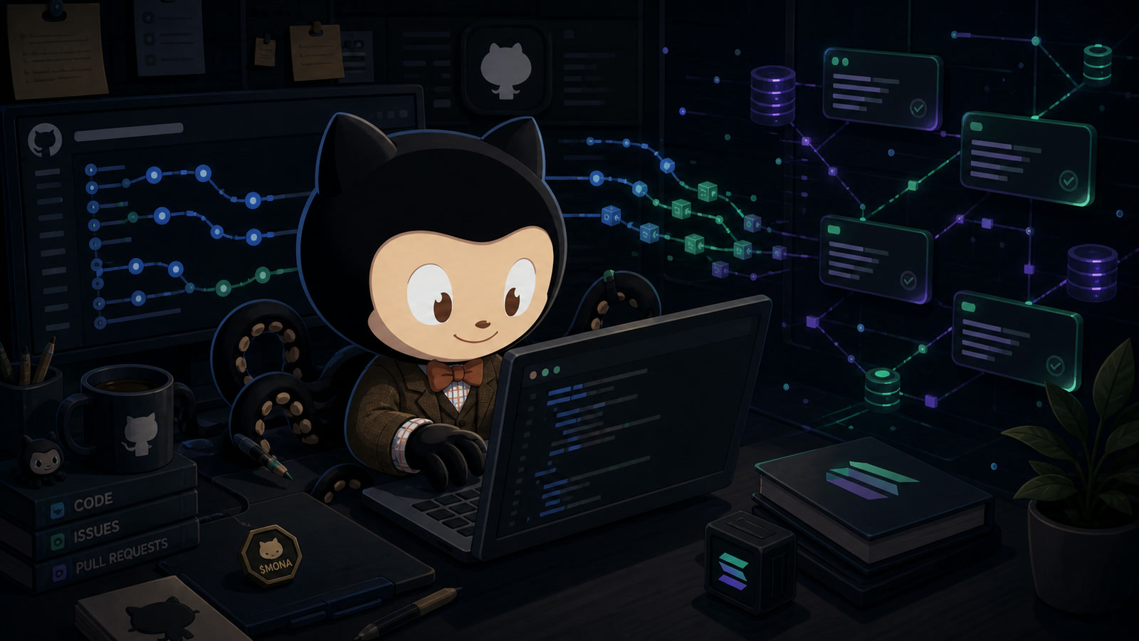 Mona working between repository history and the Solana network