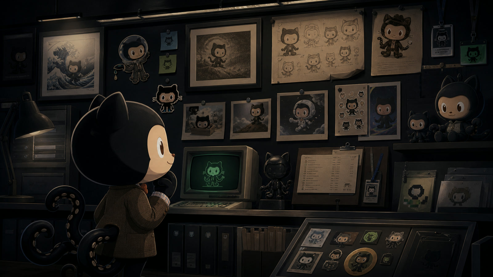 Mona viewing an archive of Octocat artwork and variations