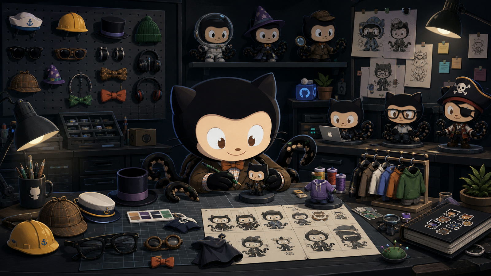 Mona creating Octocat variations with different outfits and accessories