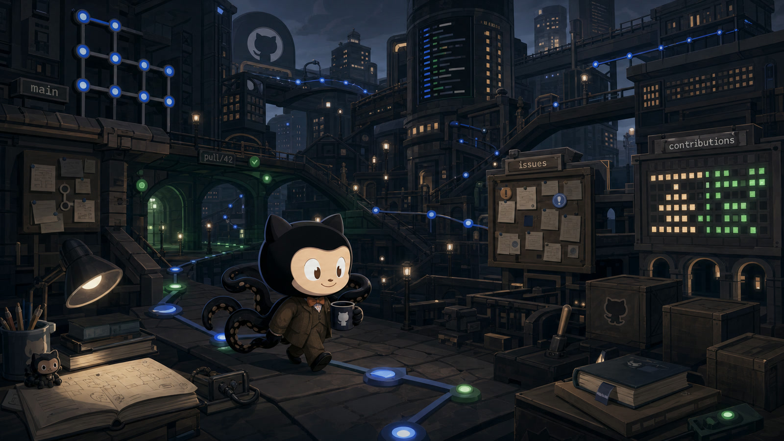 Mona walking through a world of repositories, issues and contributions