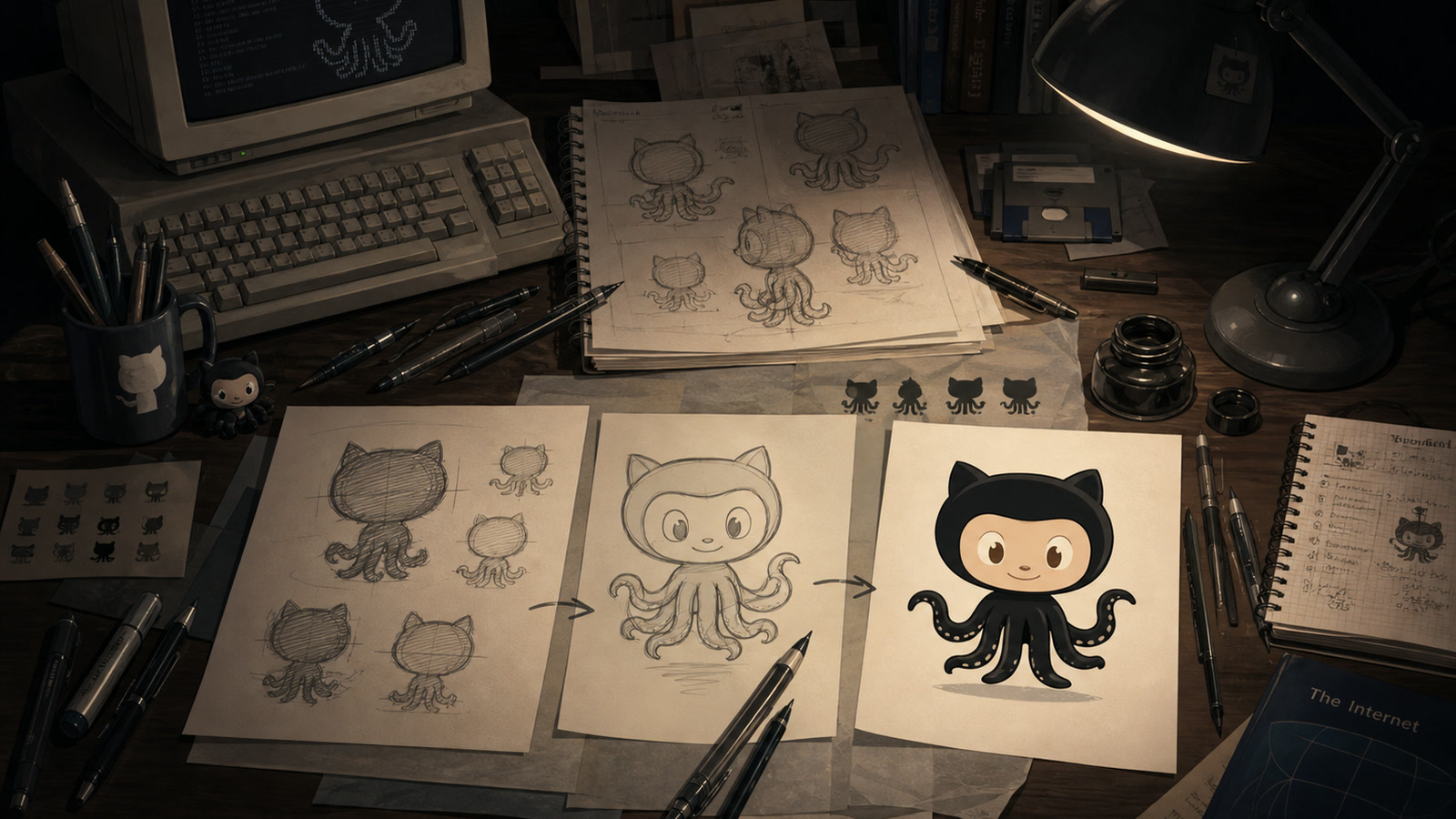 An illustrator's desk showing the progression from Octopuss sketches to Mona